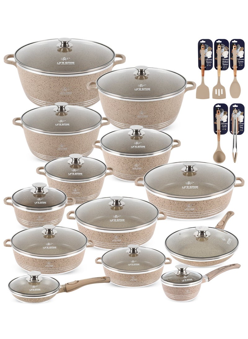 Life Smile طقم أواني الطهي غير اللاصقة من الجرانيت 31 قطعة – أواني طهي غير لاصقة متميزة، أواني الطهي والمقالي | طقم أواني وقواعد تحريض | أطباق خزفية (20/24/28/32/36/40 سم) مع أغطية، أواني ضحلة 28/32 سم، مقلاة مزدوجة 30 سم، قدر صلصة 1.3 لتر، غلاية صفارة 3.0 لتر، مقالي (20/24/28 سم) وملاعق مطبخ سيليكون مع حامل. - Image 1